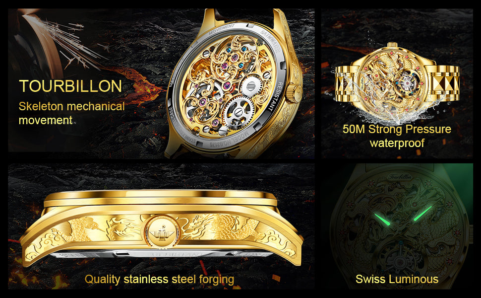 OUPINKE 3176 Automatic Watch For Men Tourbillon Dragon Dial Original Mechanical Hand Clock Deep Waterproof Business Man Watch