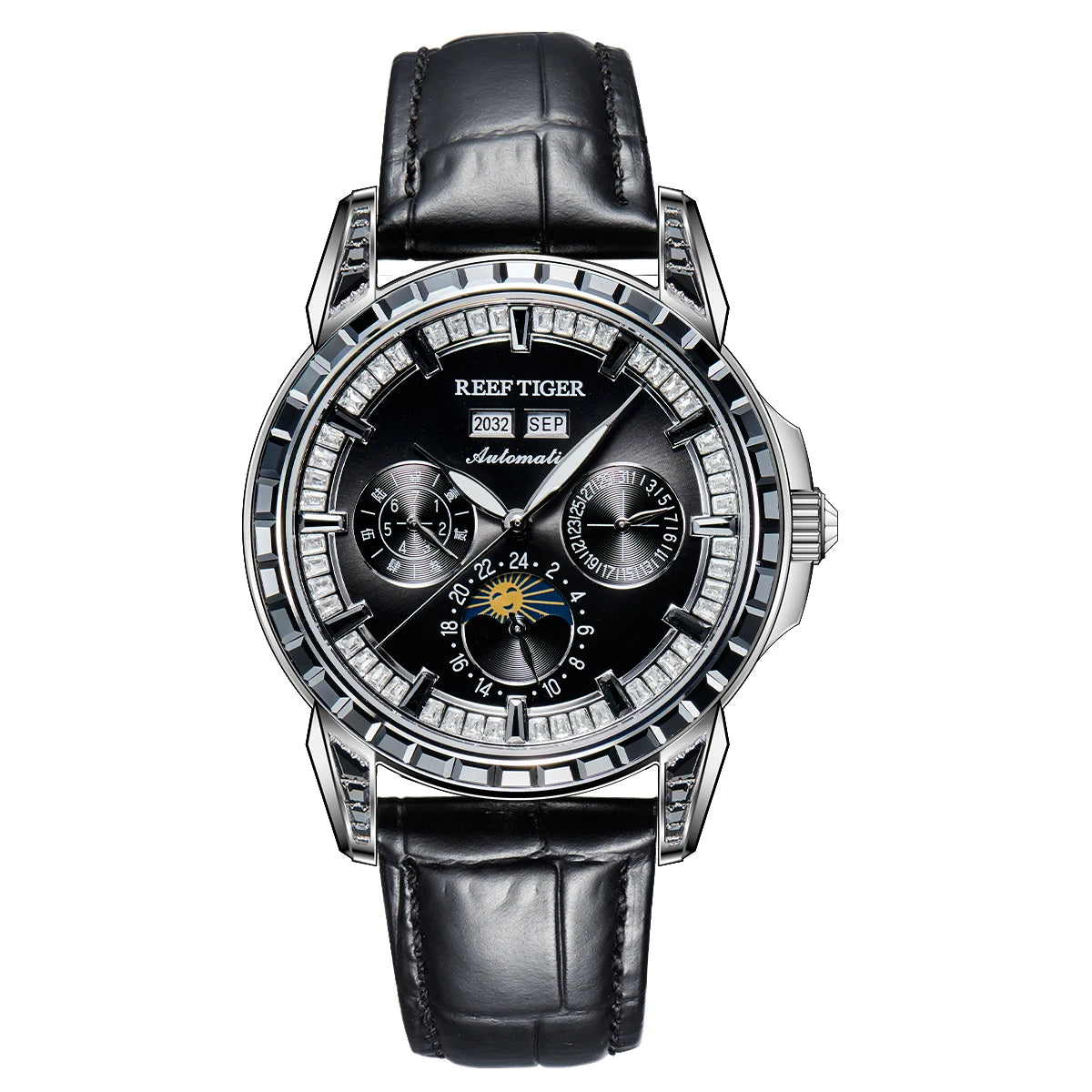 Reef Tiger/RT Brand Mens MoonPhase Automatic Watch Diamonds Bezel Blue Dial Waterproof Leather Strap Multifunction Watch RGA1988