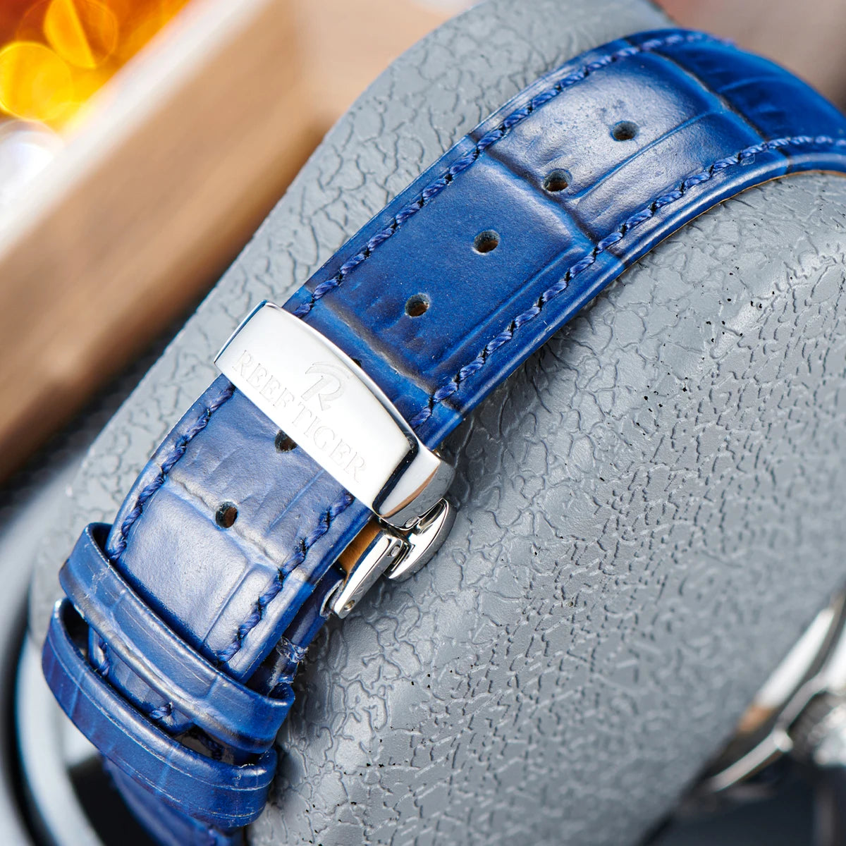 Reef Tiger/RT Brand Mens MoonPhase Automatic Watch Diamonds Bezel Blue Dial Waterproof Leather Strap Multifunction Watch RGA1988