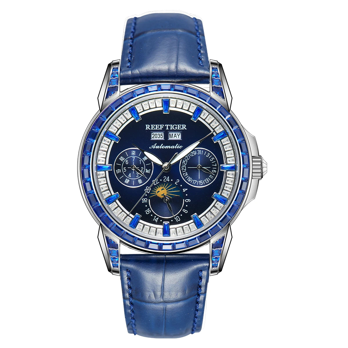 Reef Tiger/RT Brand Mens MoonPhase Automatic Watch Diamonds Bezel Blue Dial Waterproof Leather Strap Multifunction Watch RGA1988