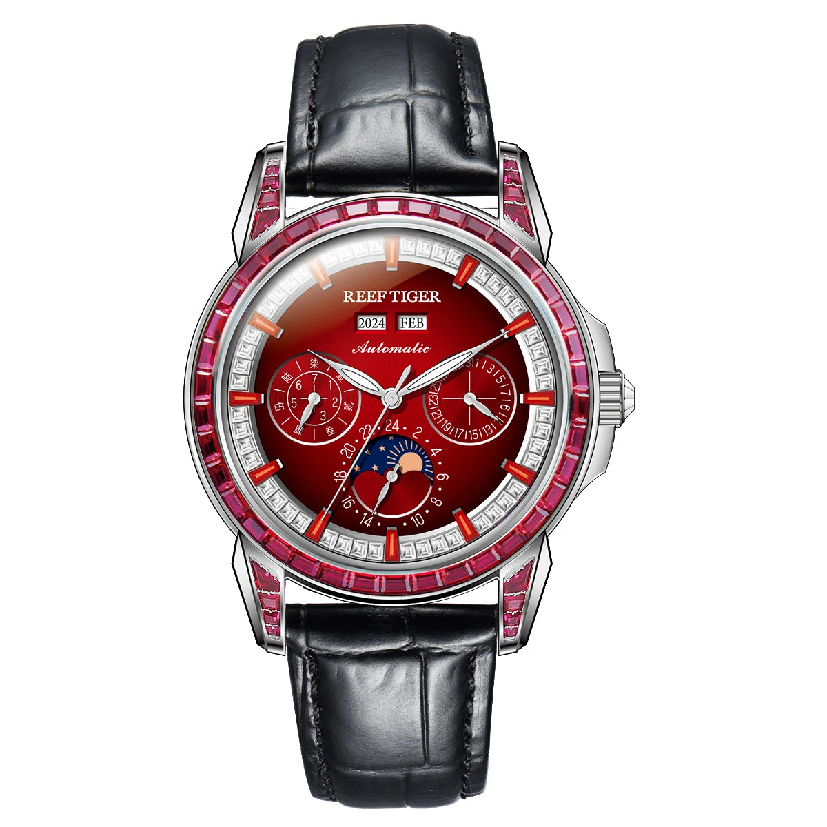 Reef Tiger/RT Brand Mens MoonPhase Automatic Watch Diamonds Bezel Blue Dial Waterproof Leather Strap Multifunction Watch RGA1988