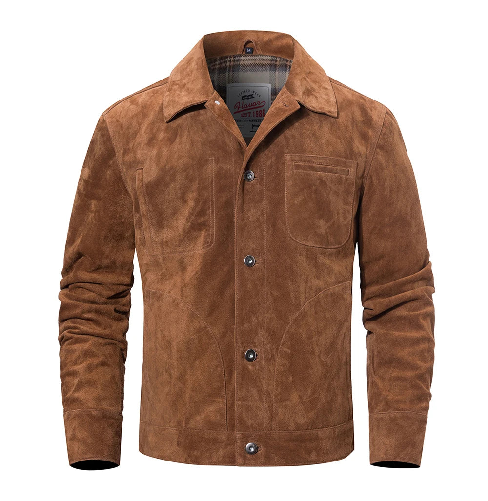 FLAVOR Men's Genuine Leather Jacket Suede Real Pigskin Denim Coat for Men
