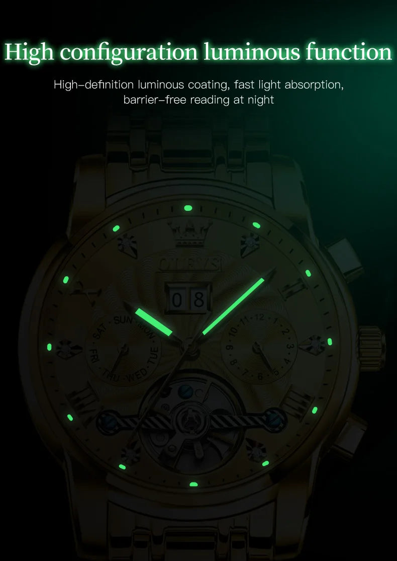 OLEVS Luxury Watches For Men Automatic Watch Waterproof Stainless Steel Mechanical Watches Gift Box Luminous Male Wristwatch
