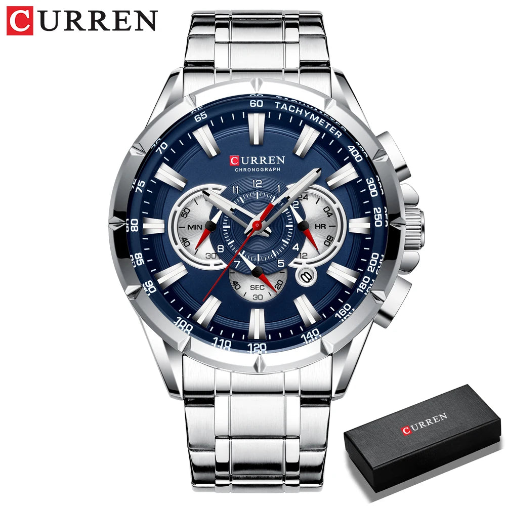 Men New CURREN Casual Sport Chronograph Men's Watch Stainless Steel Band Wristwatch Big Dial Quartz Clock with Luminous Pointers