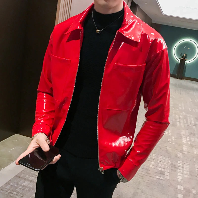 Shiny Leather Jacket Men's Stage Costume Red Black Brown Nightclub Club Men's Leather Jacket Solid Color Slim Men's Jacket Coats