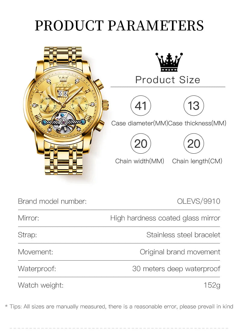 OLEVS Luxury Watches For Men Automatic Watch Waterproof Stainless Steel Mechanical Watches Gift Box Luminous Male Wristwatch