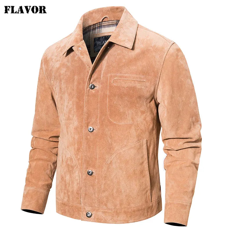 FLAVOR Men's Genuine Leather Jacket Suede Real Pigskin Denim Coat for Men