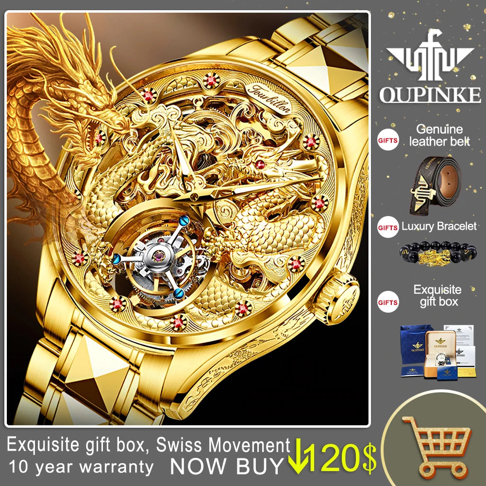 OUPINKE 3176 Top Brand Luxury Men Mechanical Automatic Watches Automatic Movement Waterproof Sapphire Mirror Tourbillon Skeleton
