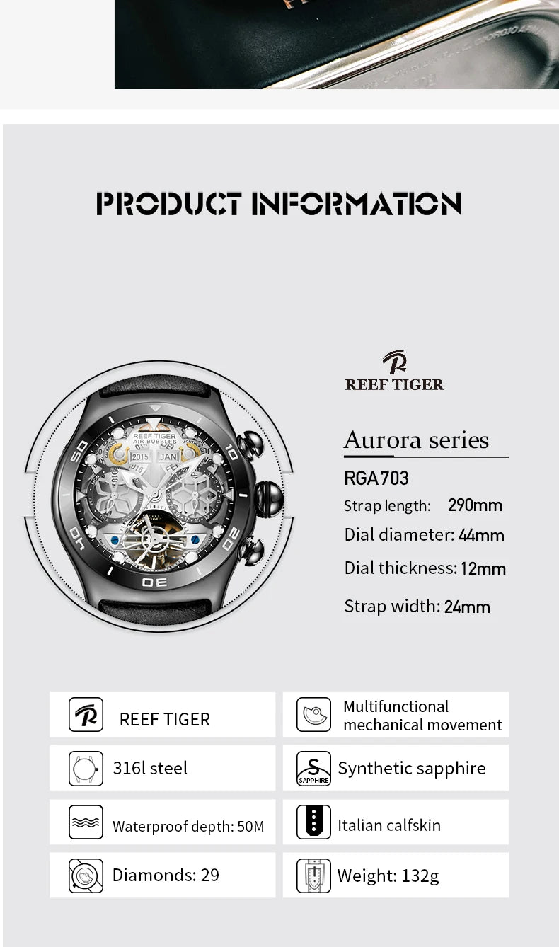Reef Tiger/RT Luminous Sport Automatic Watches For Men Steel Tourbillon Year Month Calendar Sapphire Waterproof Clock RGA703