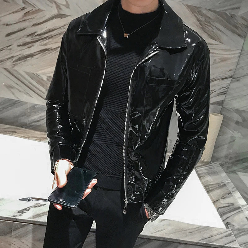 Shiny Leather Jacket Men's Stage Costume Red Black Brown Nightclub Club Men's Leather Jacket Solid Color Slim Men's Jacket Coats