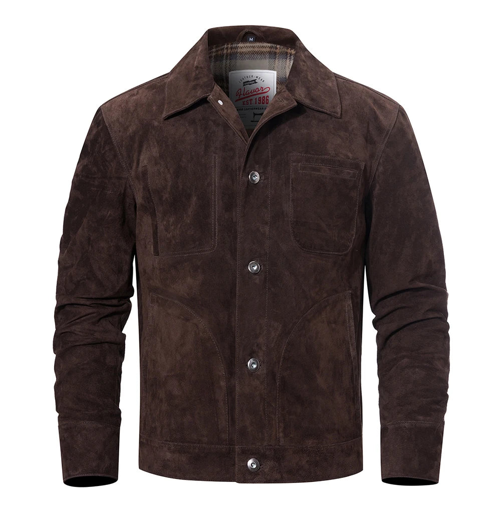 FLAVOR Men's Genuine Leather Jacket Suede Real Pigskin Denim Coat for Men