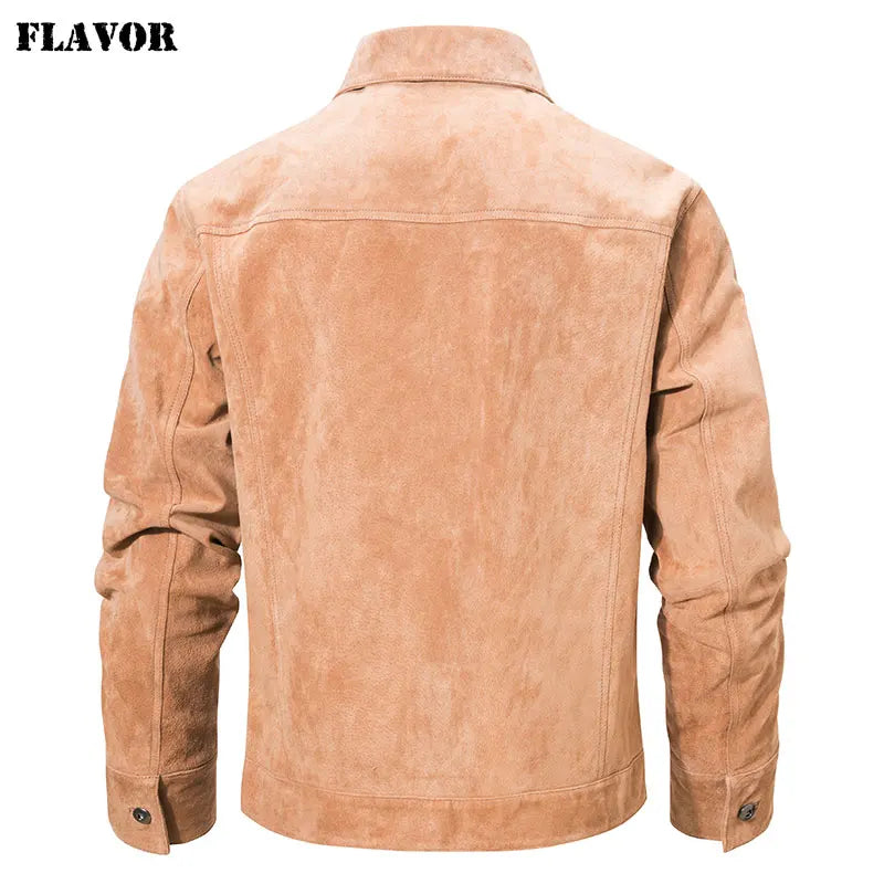 FLAVOR Men's Genuine Leather Jacket Suede Real Pigskin Denim Coat for Men
