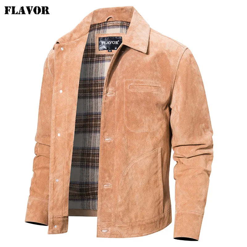 FLAVOR Men's Genuine Leather Jacket Suede Real Pigskin Denim Coat for Men
