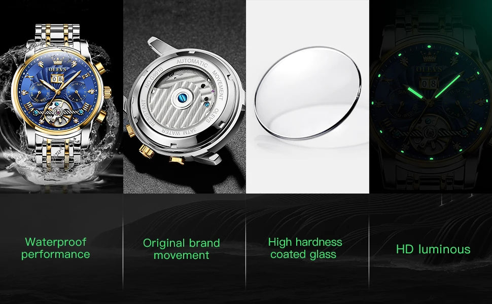OLEVS Luxury Watches For Men Automatic Watch Waterproof Stainless Steel Mechanical Watches Gift Box Luminous Male Wristwatch