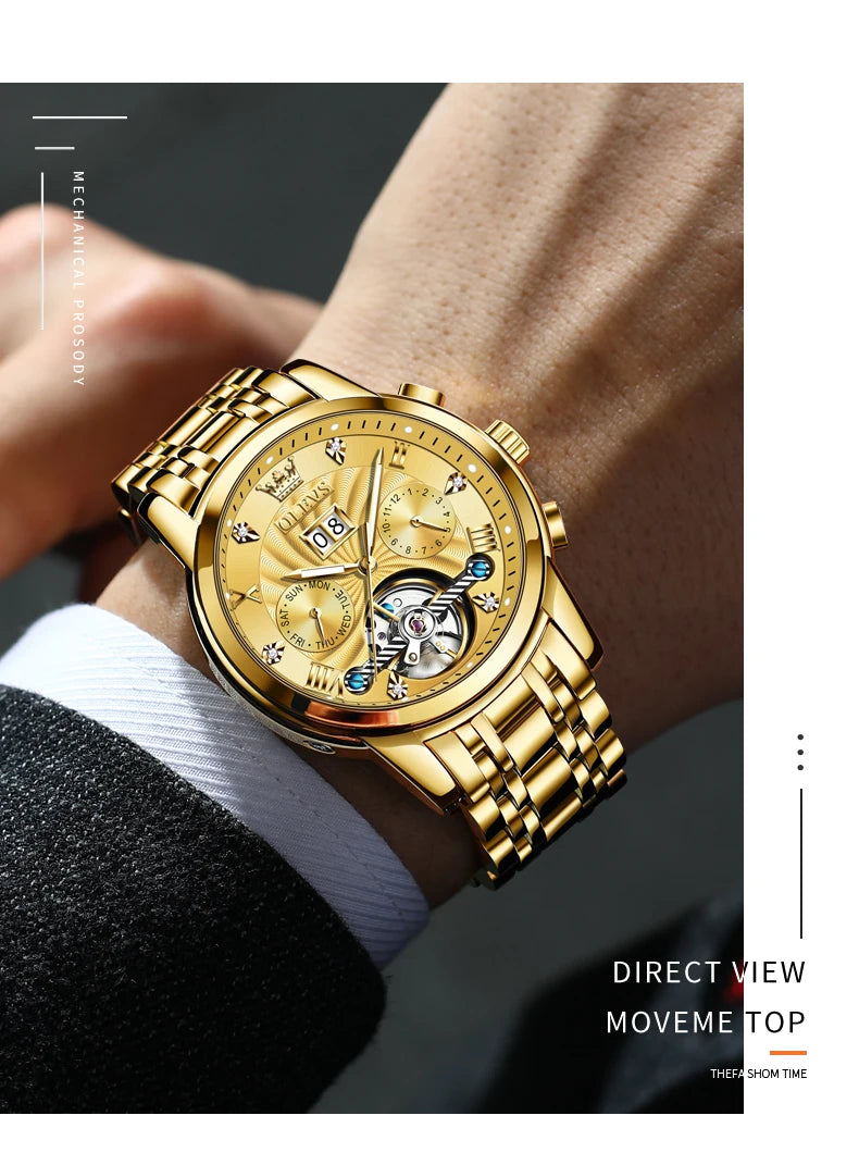 OLEVS Luxury Watches For Men Automatic Watch Waterproof Stainless Steel Mechanical Watches Gift Box Luminous Male Wristwatch
