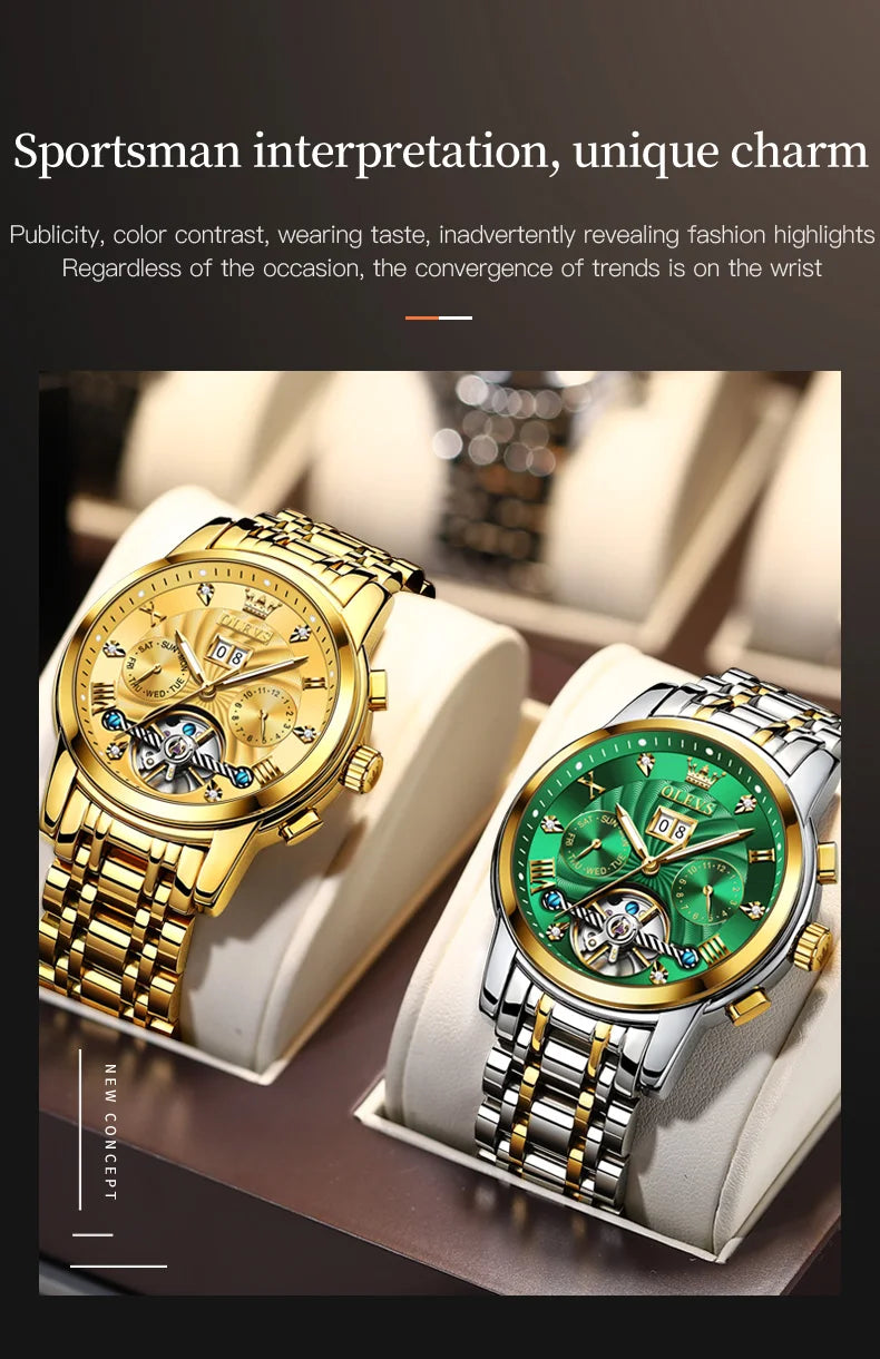 OLEVS Luxury Watches For Men Automatic Watch Waterproof Stainless Steel Mechanical Watches Gift Box Luminous Male Wristwatch