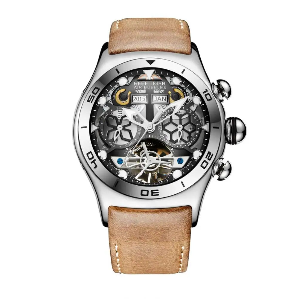Reef Tiger/RT Luminous Sport Automatic Watches For Men Steel Tourbillon Year Month Calendar Sapphire Waterproof Clock RGA703