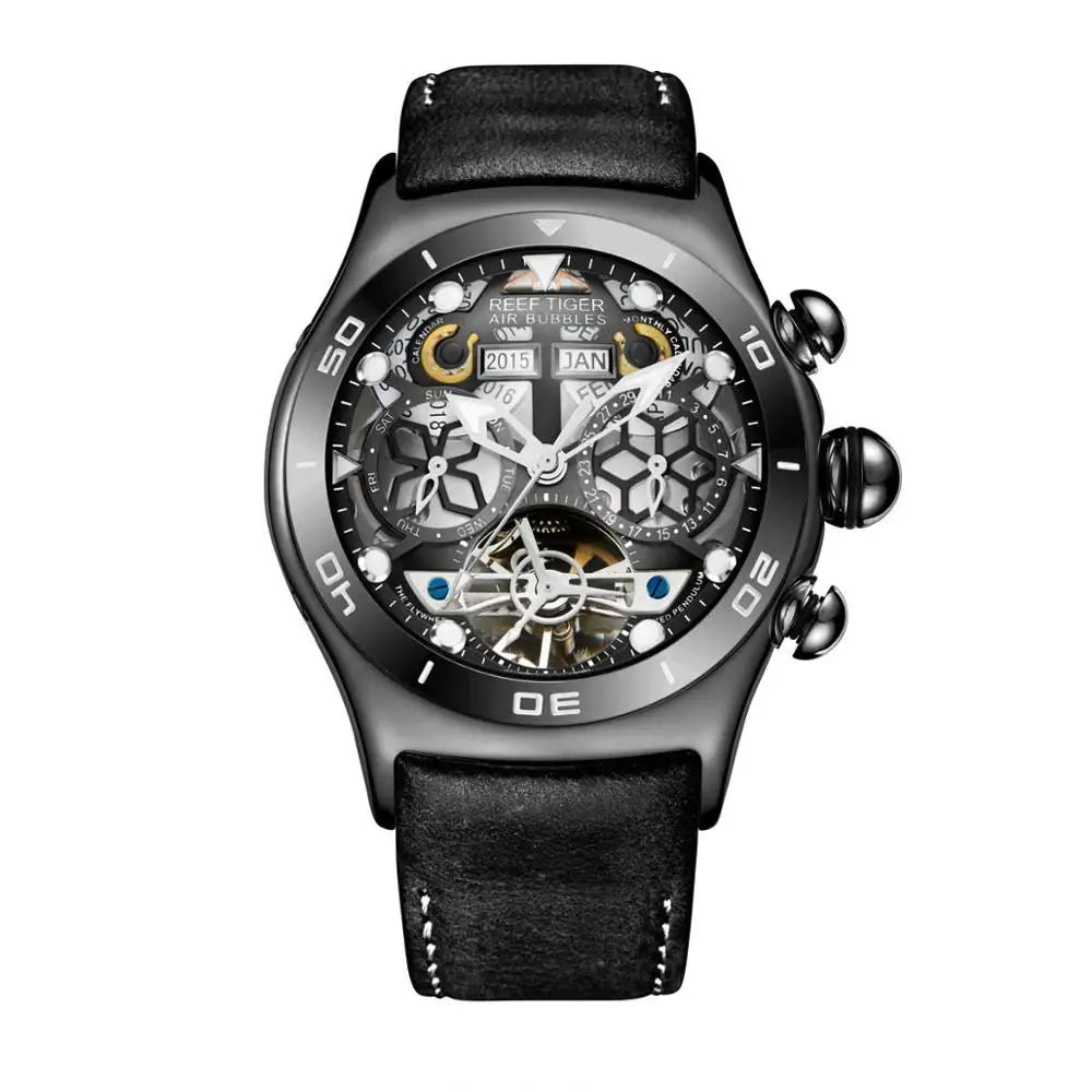 Reef Tiger/RT Luminous Sport Automatic Watches For Men Steel Tourbillon Year Month Calendar Sapphire Waterproof Clock RGA703