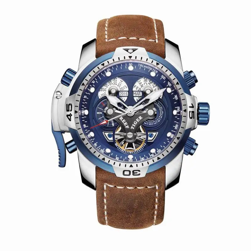 Reef Tiger/RT Luxury Brand Blue Military Watch Men Leather Strap Steel Automatic Watch Waterproof Relogio Masculino RGA3503
