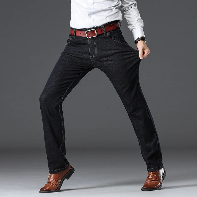 Mens Jeans  Business Regular Straight Full Lenght Jean Casual Denim Trousers Elasticity Stretch Fabric Pant