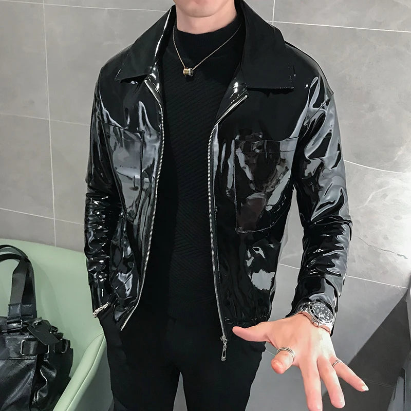 Shiny Leather Jacket Men's Stage Costume Red Black Brown Nightclub Club Men's Leather Jacket Solid Color Slim Men's Jacket Coats