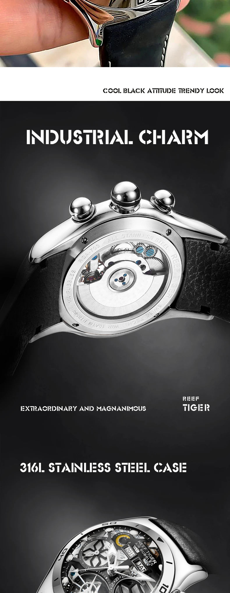 Reef Tiger/RT Luminous Sport Automatic Watches For Men Steel Tourbillon Year Month Calendar Sapphire Waterproof Clock RGA703
