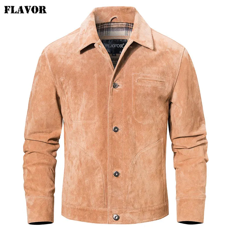 FLAVOR Men's Genuine Leather Jacket Suede Real Pigskin Denim Coat for Men