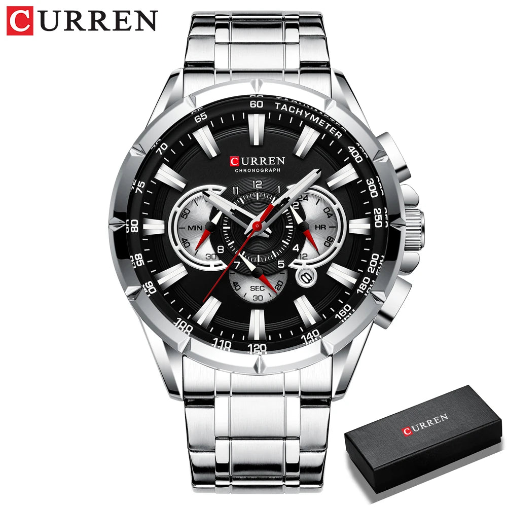 Men New CURREN Casual Sport Chronograph Men's Watch Stainless Steel Band Wristwatch Big Dial Quartz Clock with Luminous Pointers