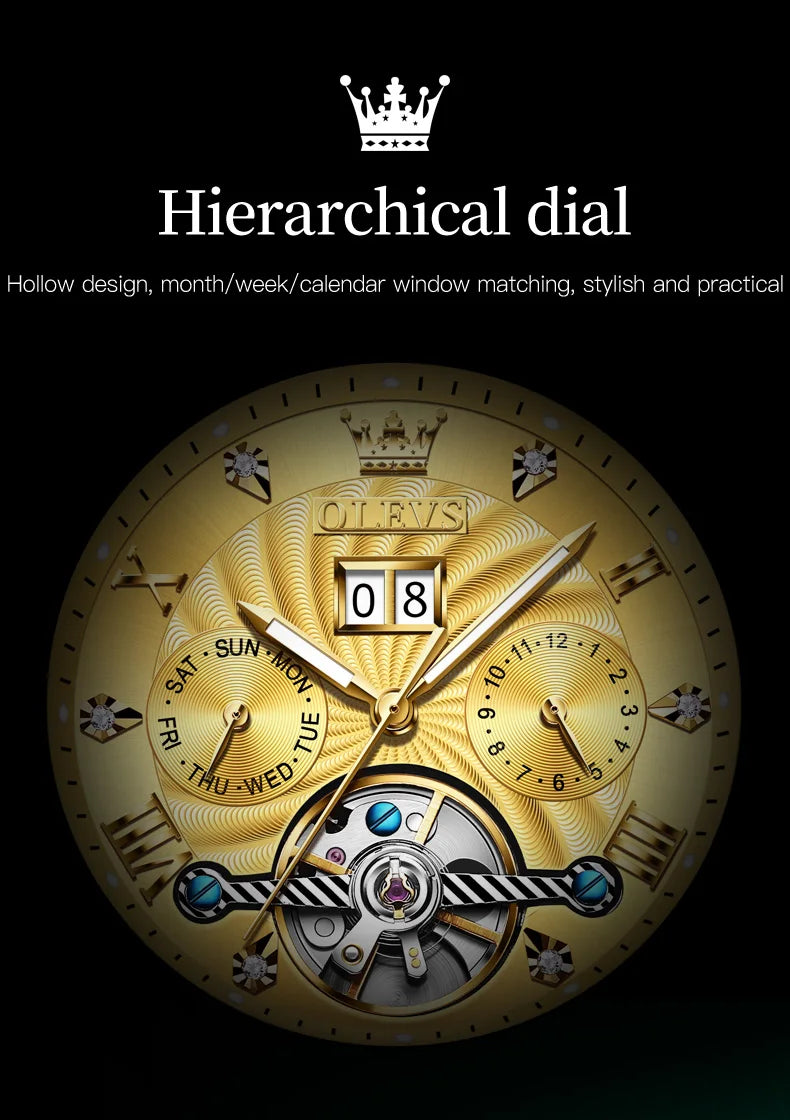 OLEVS Luxury Watches For Men Automatic Watch Waterproof Stainless Steel Mechanical Watches Gift Box Luminous Male Wristwatch