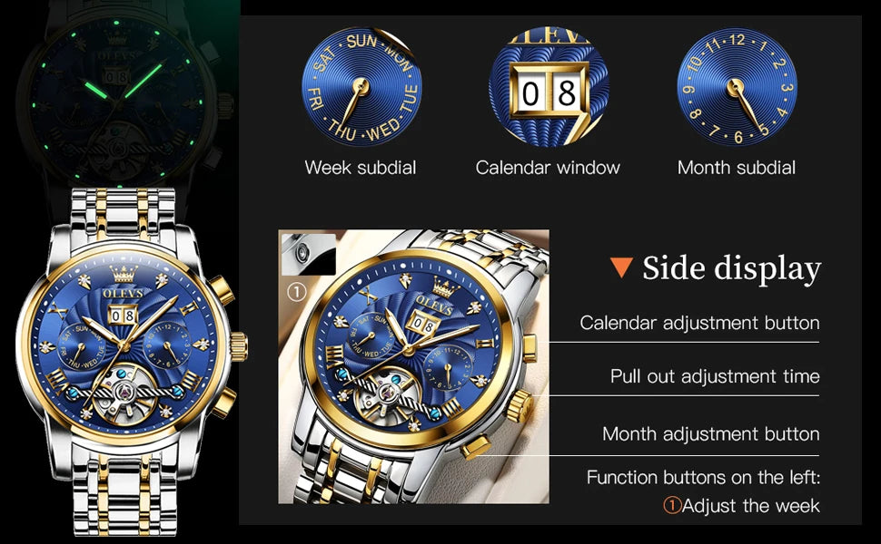 OLEVS Luxury Watches For Men Automatic Watch Waterproof Stainless Steel Mechanical Watches Gift Box Luminous Male Wristwatch