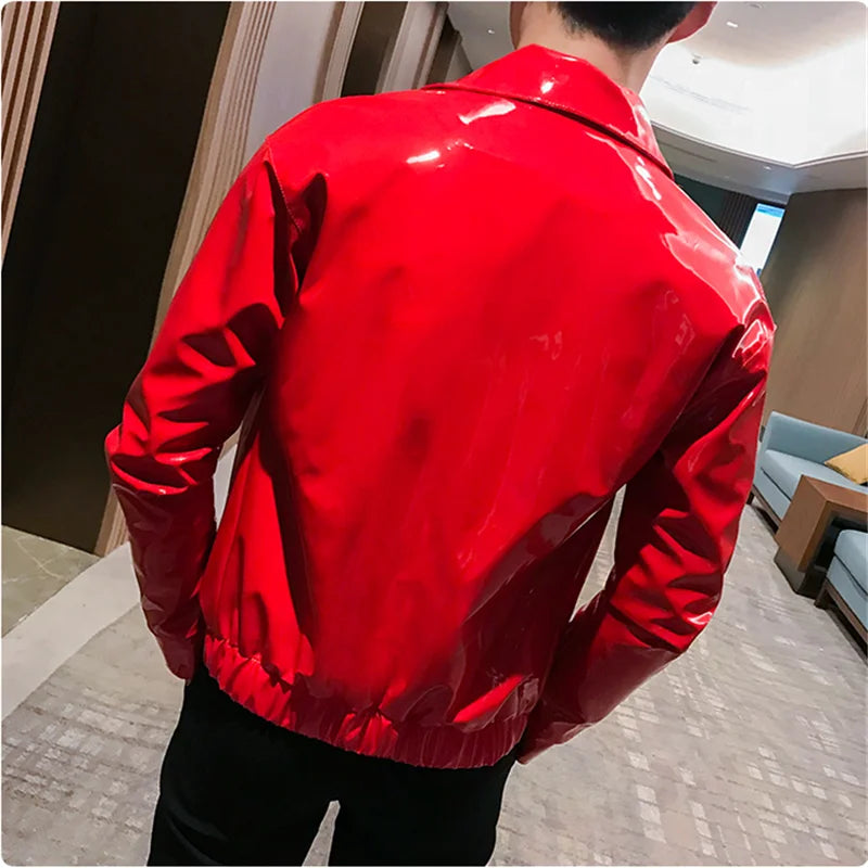 Shiny Leather Jacket Men's Stage Costume Red Black Brown Nightclub Club Men's Leather Jacket Solid Color Slim Men's Jacket Coats