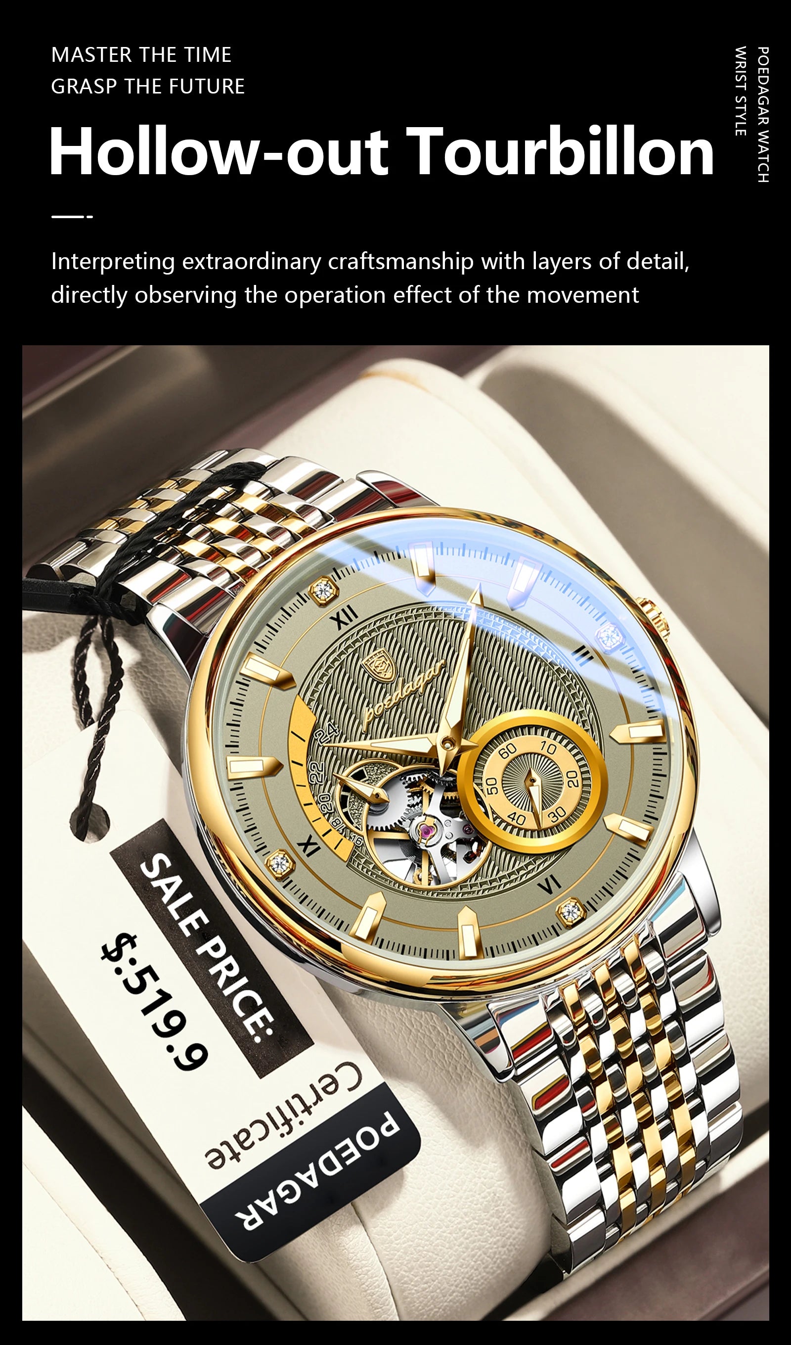 POEDAGAR Luxury Man Wristwatch Top Automatic Mechanical Luminous Men Watch Hollow Tourbillon Stainless Steel Men's Watches Reloj