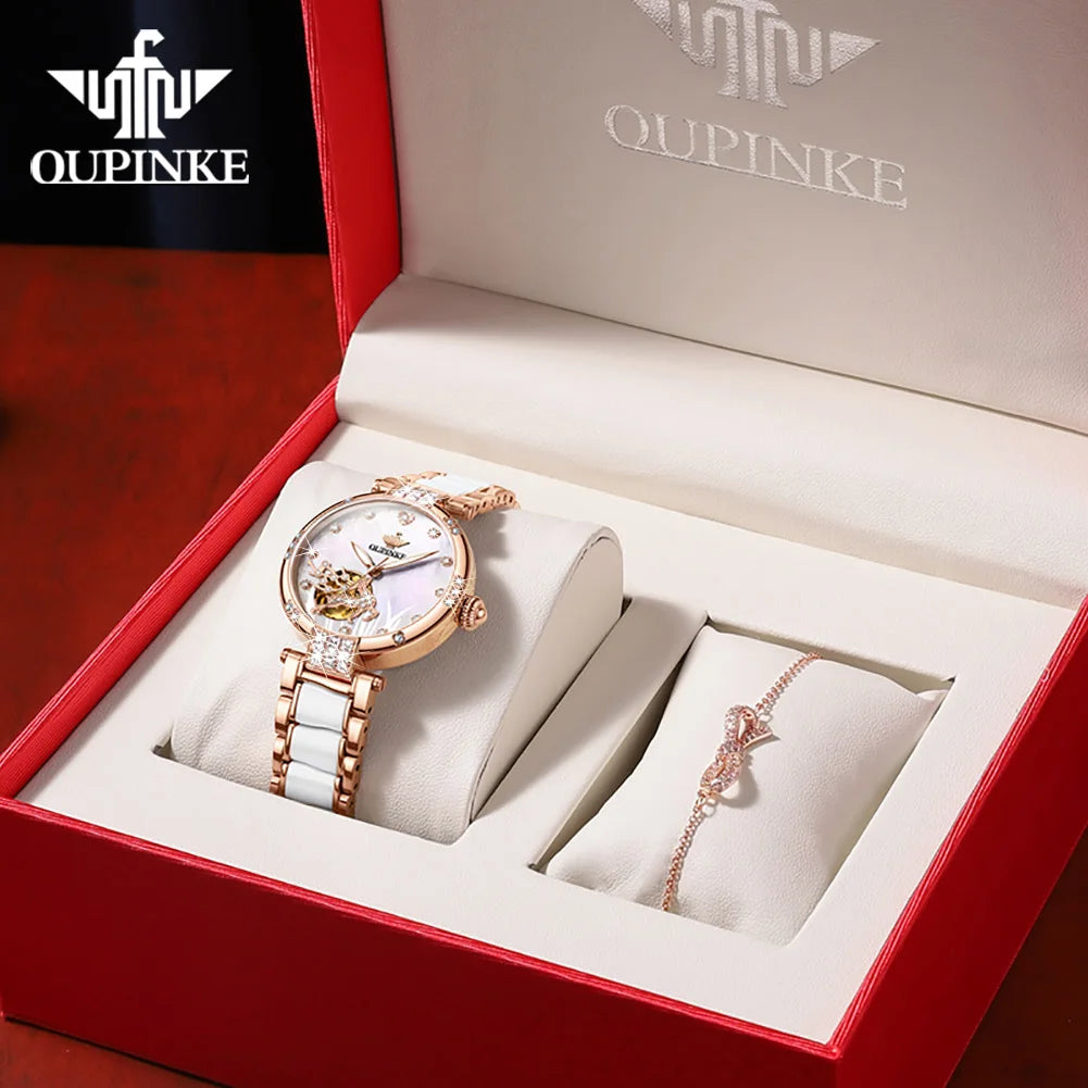 OUPINKE 3211 Women's Watch Elegant Rose Gold Diamond Ceramic Automatic Machinery Women's Watch Luxury Brand Women's Bracelet Set