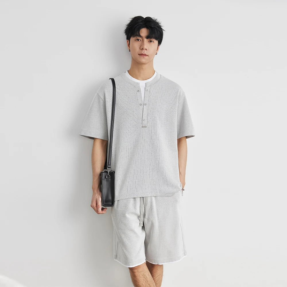 2025 New Men's Sports Suit Henry Collar Two-piece Casual Outdoor Loose Short Sleeve Shorts Fashion Korean Men's Summer Suit