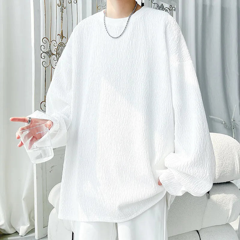 Men's High Street Long Sleeve T-Shirt - Trendy Casual Top Loose Fit Comfortable Wear, Modern Minimalist Style, Everyday Essentia
