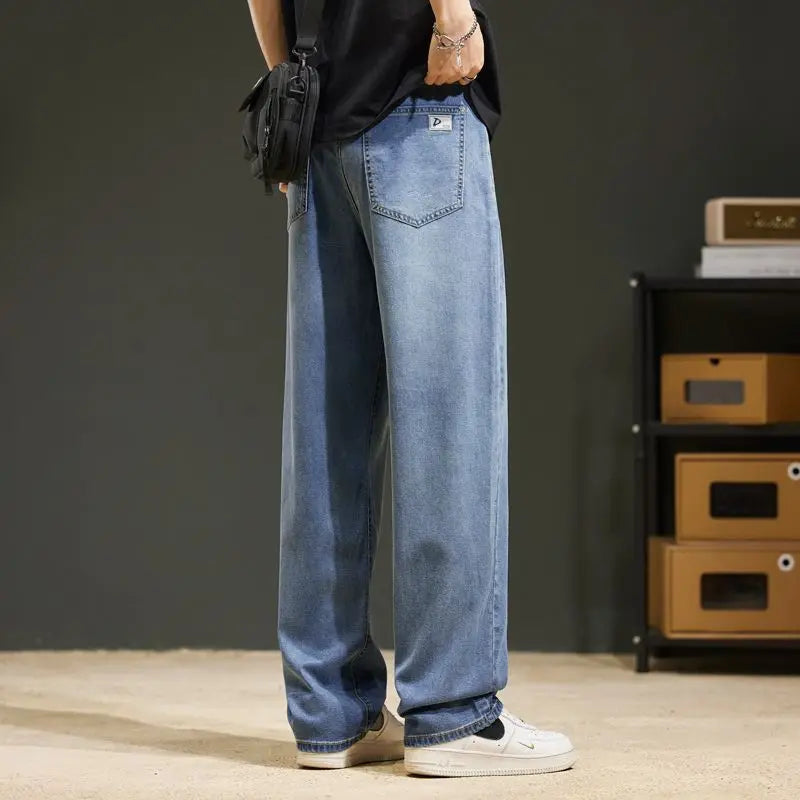 Baggy Jeans Summer Men's Jeans Baggy Soft Drape Loose Comfortable Wide-leg Ice Silk Pants Retro Elastic Casual Denim Trousers