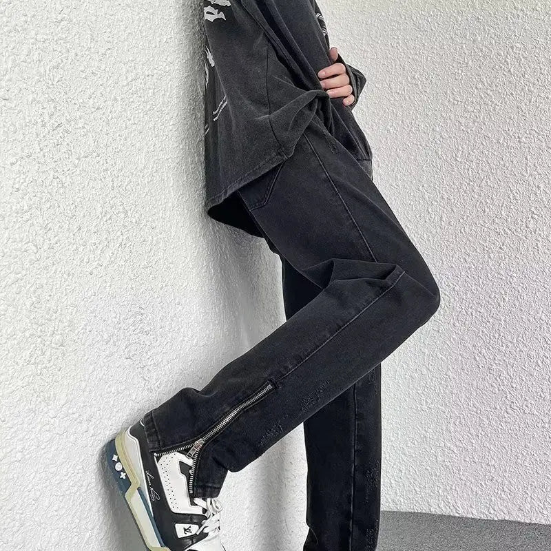 Jeans Men's Hiphop Zipper Loose Straight Pants Youth Fashion Versatile Casual Pants