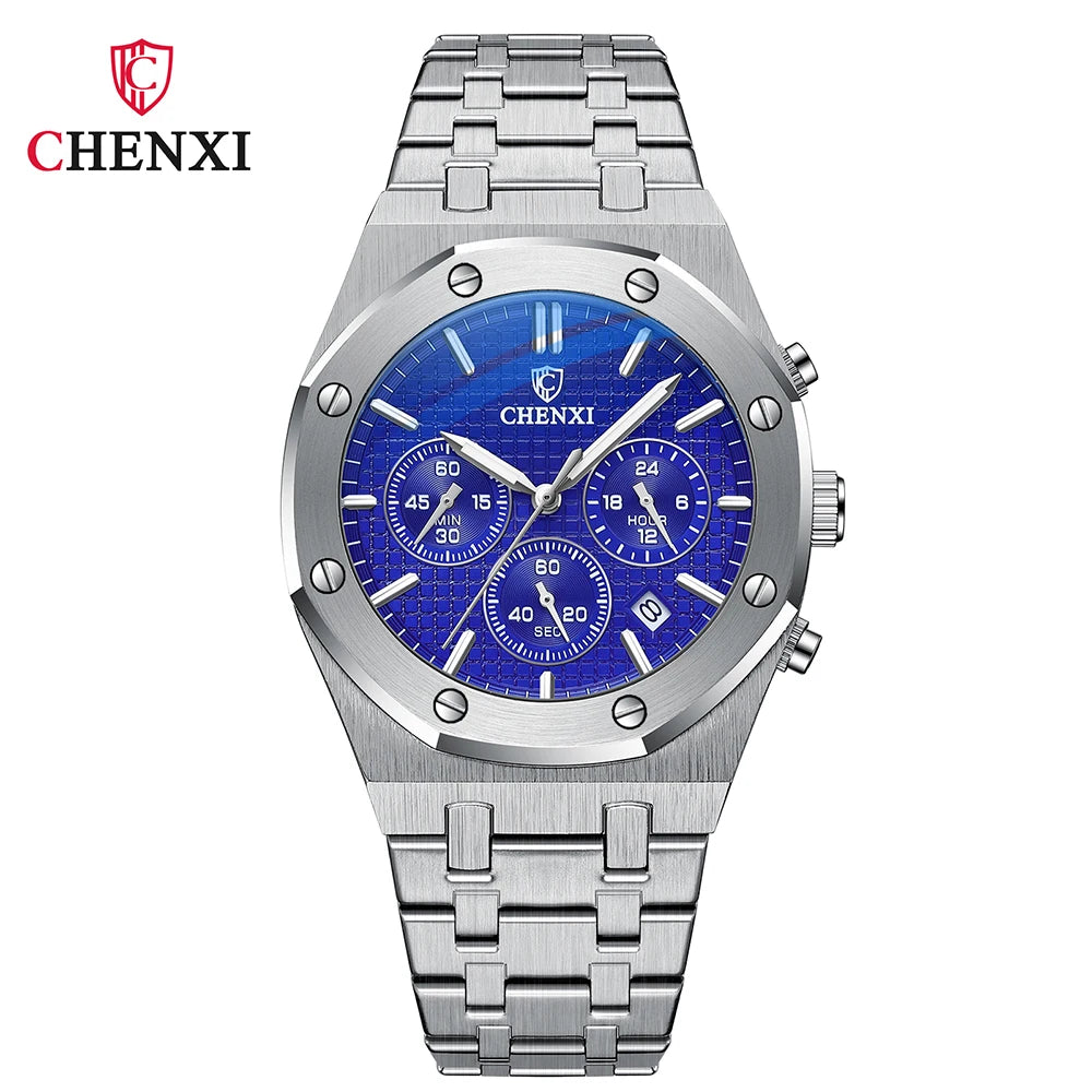 CHENXI Brand Multi-Function Sports Man Watch Luminous Chronograph Steel Strap Waterproof Calendar Quartz Watches Male