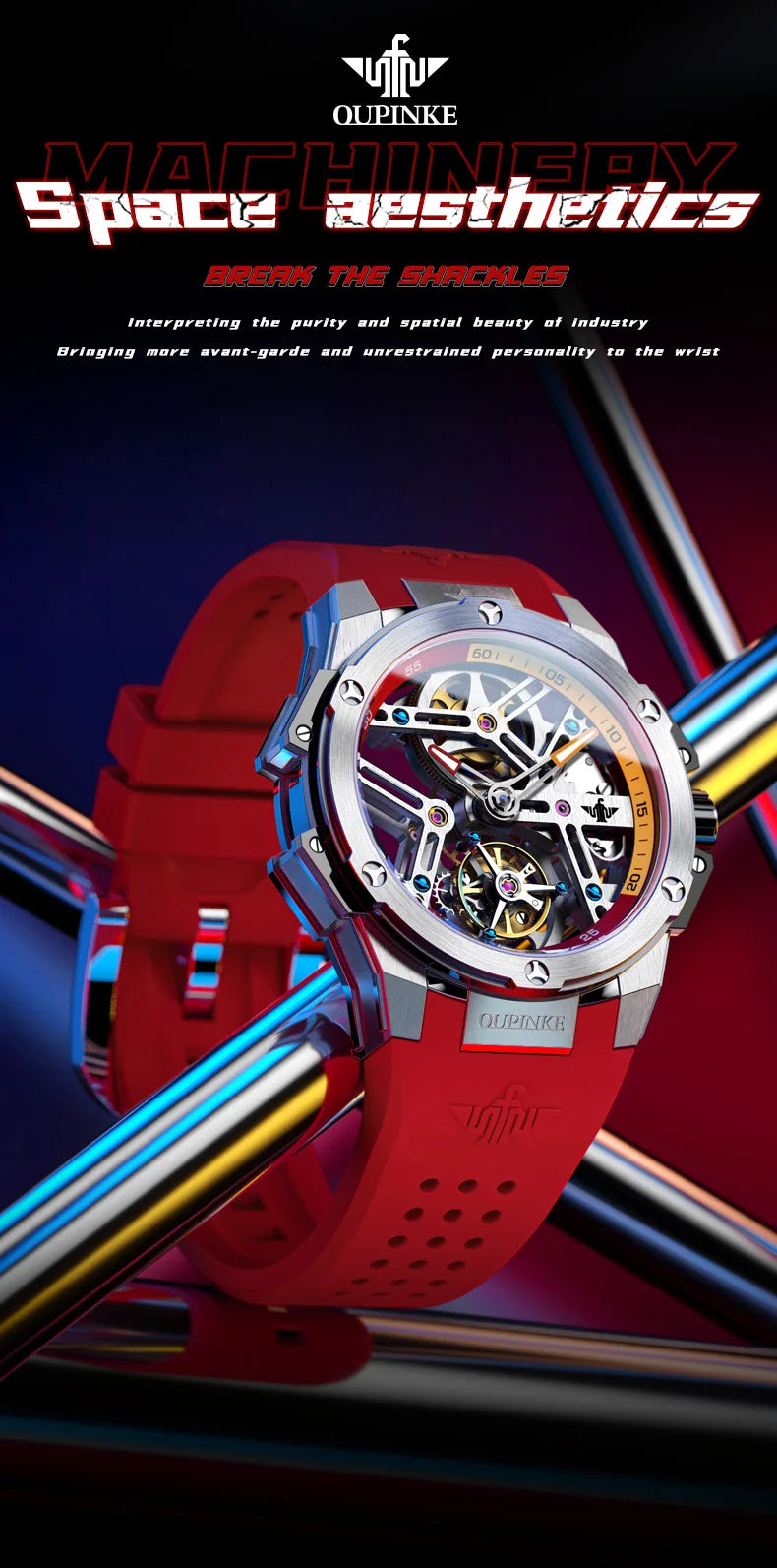 OUPINKE 8003 Men's Watch 45mm Big Dial Fashion Hollow Automatic Watch For Men Waterproof Luxury Tourbillon Mechanical Hand Clock