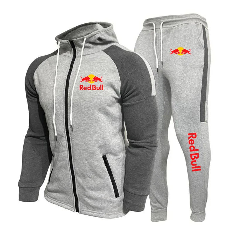 2025 New Red Bull Logo Racing Suit Men's Outdoor Sports Set Running Hooded Jacket Sweatshirt Sports Pants Two-Piece Training Set