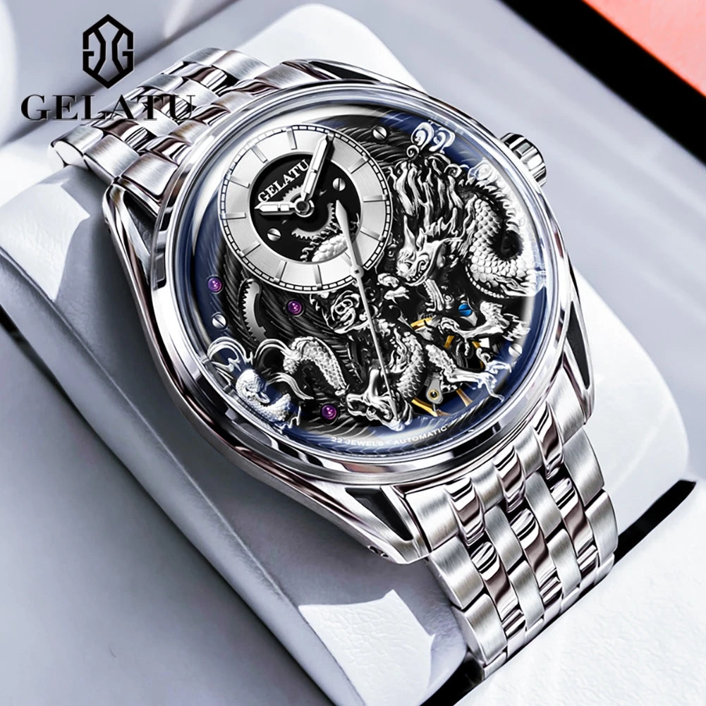 GELATU 6018 Men's Watch Top Brand Original Mechanical Watch For Men 50M Waterproof Luxury Hollow Dragon Automatic Wristwatch
