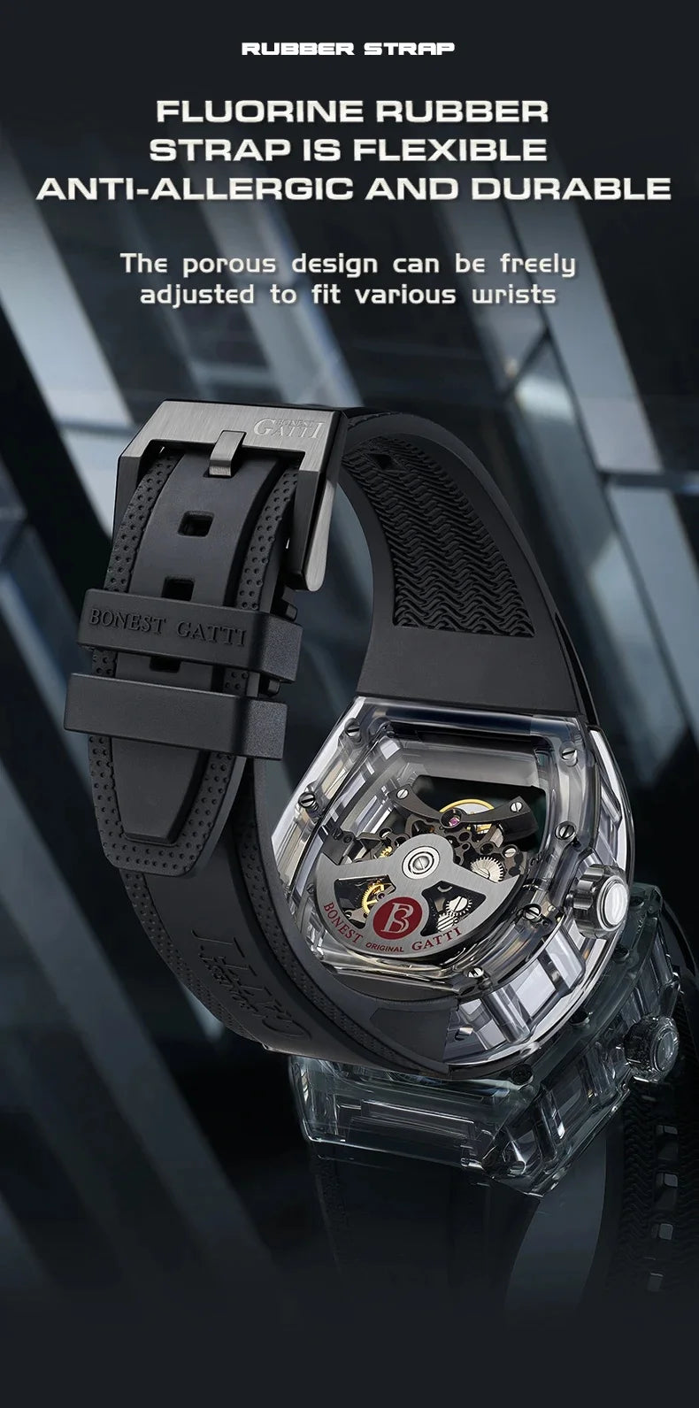 BONEST GATTI 2025 New Men Automatic Watch Tonneau Mechanical Wristwatch Acylic Case Sapphire Lume Hollow Out Dial Fluororubber