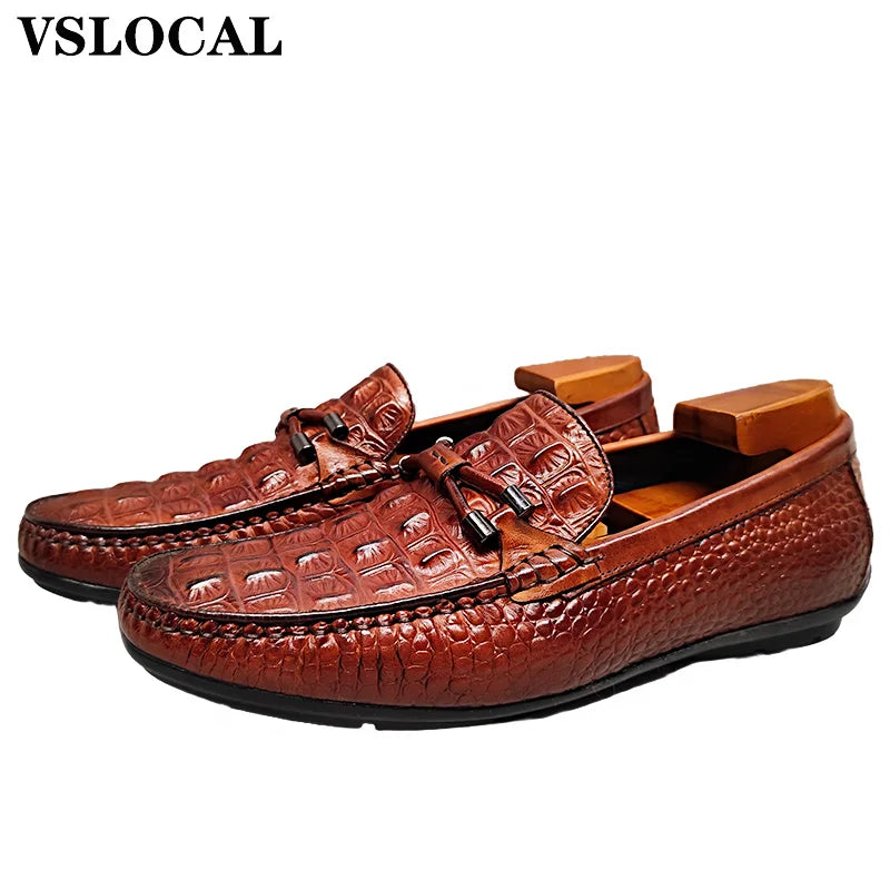 Luxury Men Shoes Black Brown Slip On Croco Prints Casual Dress Shoes Man Wedding Office Business Leather Loafers For Man