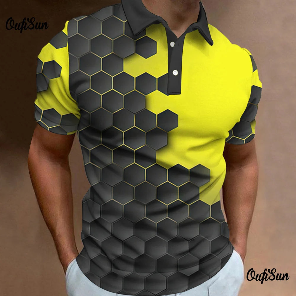 Men's Polo Shirt Fashion 3d Abstract Mesh Print High Quality Men Tops Loose Golf Sweatshirt Oversize Button Polo T-Shirt For Men