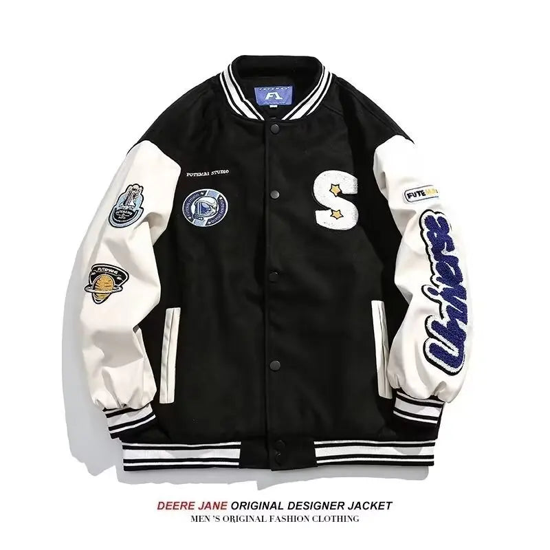 2025 New Vintage Baseball Jacket Men Women Couple Klein Blue PU Sleeves Baseball Bomber Jacket Men's Outwear Fashion Coat Man