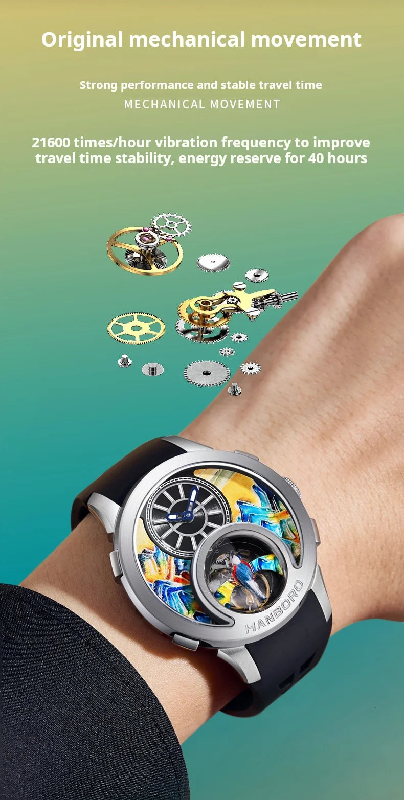 HANBOROThousand Miles Series Oil Painting Personalized Dial Magpie Skeleton Balance Wheel Design Men's Automatic MechanicalWatch