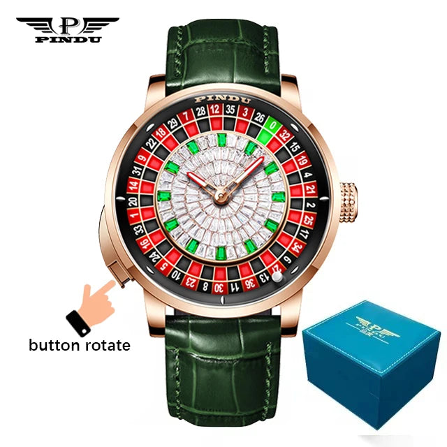 PINDU New Watches European Button Roulette Fun Game Sapphire Glass NH35A Mechanical Watch Diamond Dial Leather Men's Watch P6628