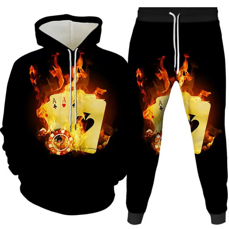 Men's Poker&Money 3D Print Tracksuit Set Fashion Casual Luck Hoodie+Pants 2pcs Sets Pullover Trend Streetwear Man/women Clothing