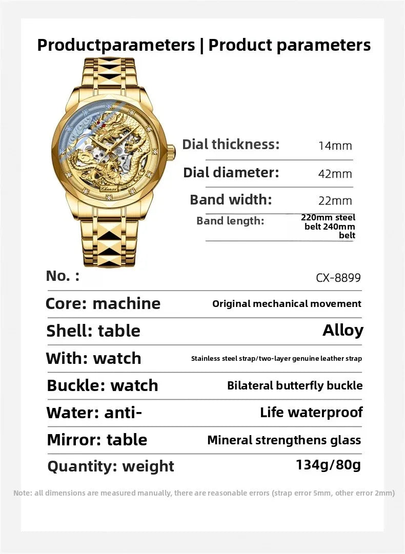 Men's Automatic Mechanical Watch Night Glow Waterproof Relief New Fashion Business Leather Steel Band Luxury Timepiece