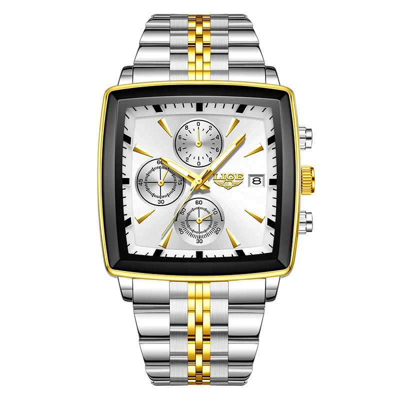 LIGE Fashion Luxury  Watches for Men Square Dial Stainless Steel Waterproof Luminous Auto Date Chronograph Quartz Man Watch+Box